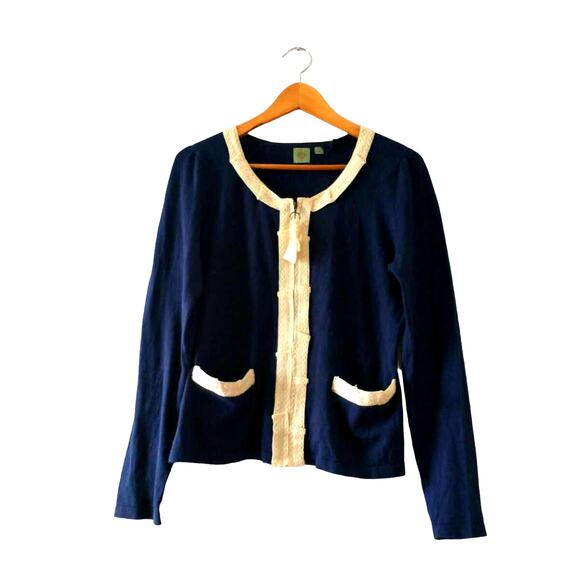 Anthropologie HWR Women's Navy Lace Cardigan Large Preppy Cottage Career - Picture 1 of 11
